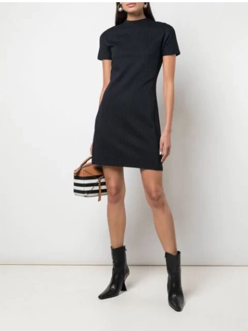 THEORY Dolman Shift Stripe Knit Navy Gray Dress Mock Neck Short Sleeves Small